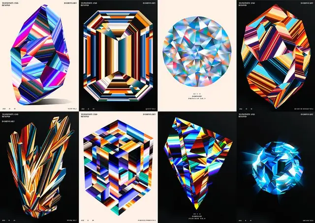 Prismatic Faceted Gem Poster Series — Eight Abstract Gemstone Illustrations