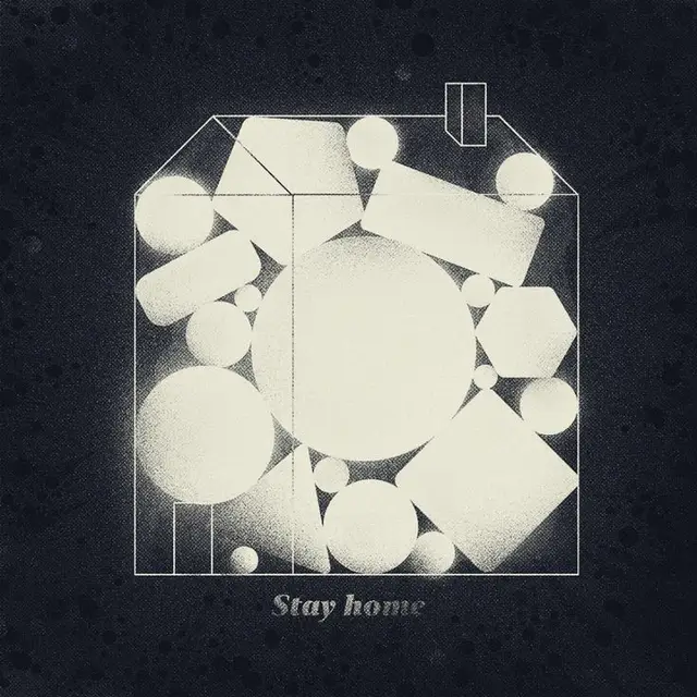 Minimalist 'Stay Home' geometric poster — wireframe house filled with halftone shapes
