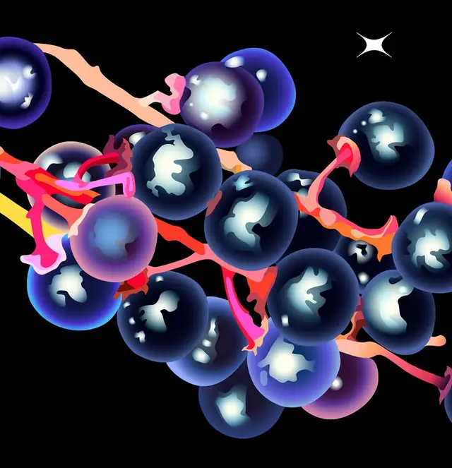 Neon-Gradient Glossy Black Grapes — Vector Fruit Illustration