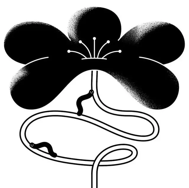 Monochrome stylized five‑petal flower with looping stem and two worm-like figures