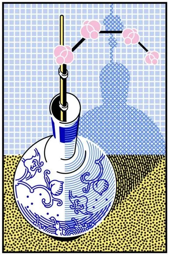 Blue-and-white porcelain flask with brass rod and pink blossoms — halftone pop-art still‑l