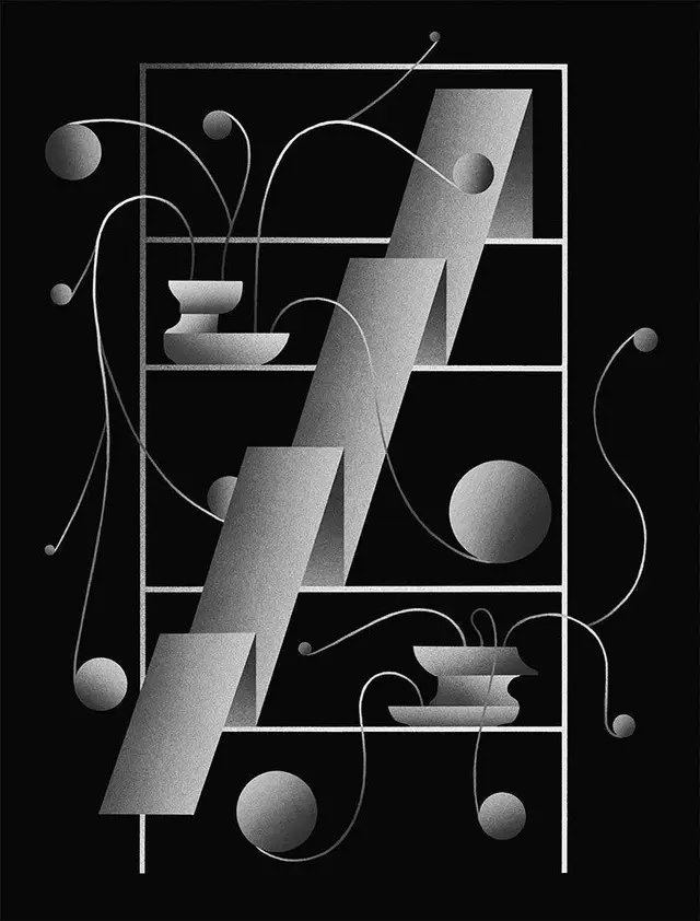 Monochrome geometric still life with shelves, folded panels and spheres
