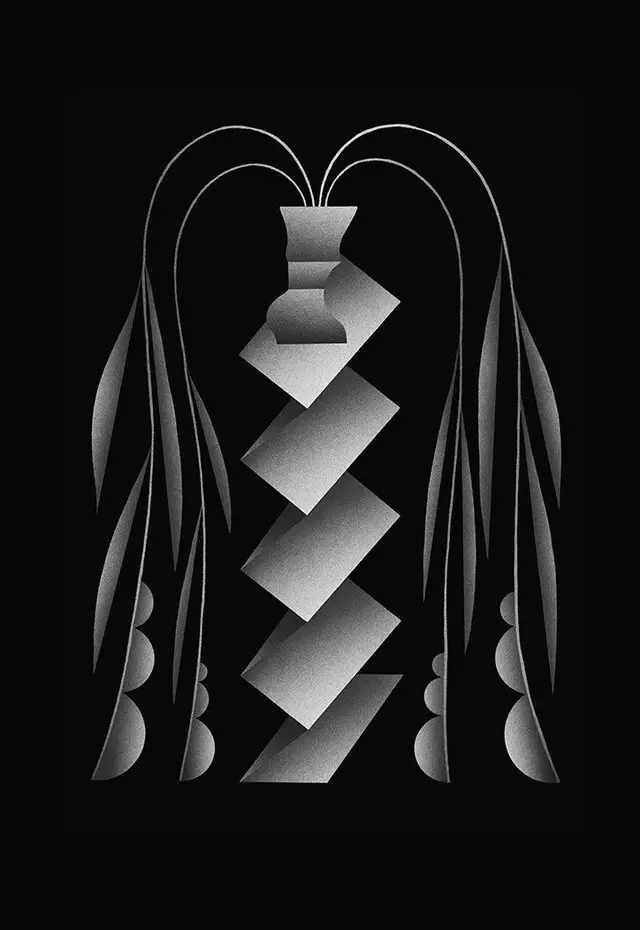 Monochrome geometric vase with willow-like leaves (stippled gradient)