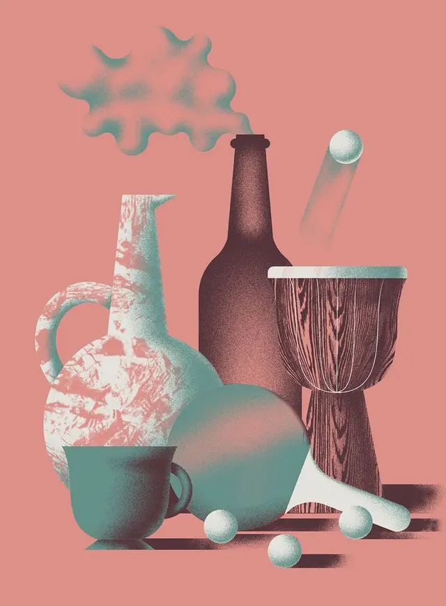 Duotone Still Life with Marbled Pitcher, Glass Bottle and Wooden Drum