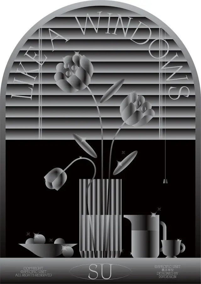 Grayscale poster — tulips in fluted glass vase at arched window with blinds