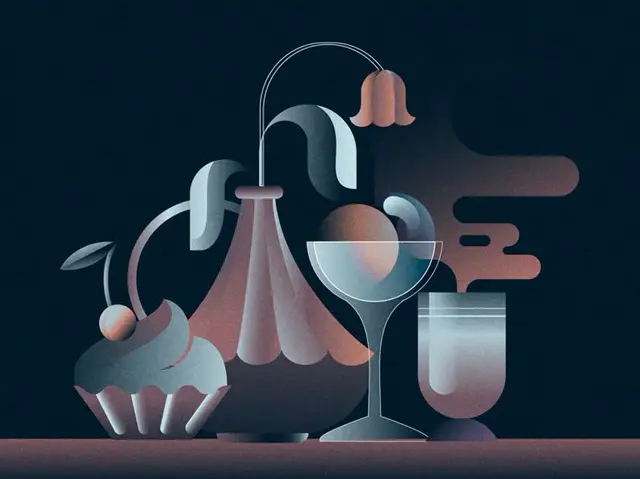 Muted teal-and-rose still life: cupcake, vase, coupe and tumbler