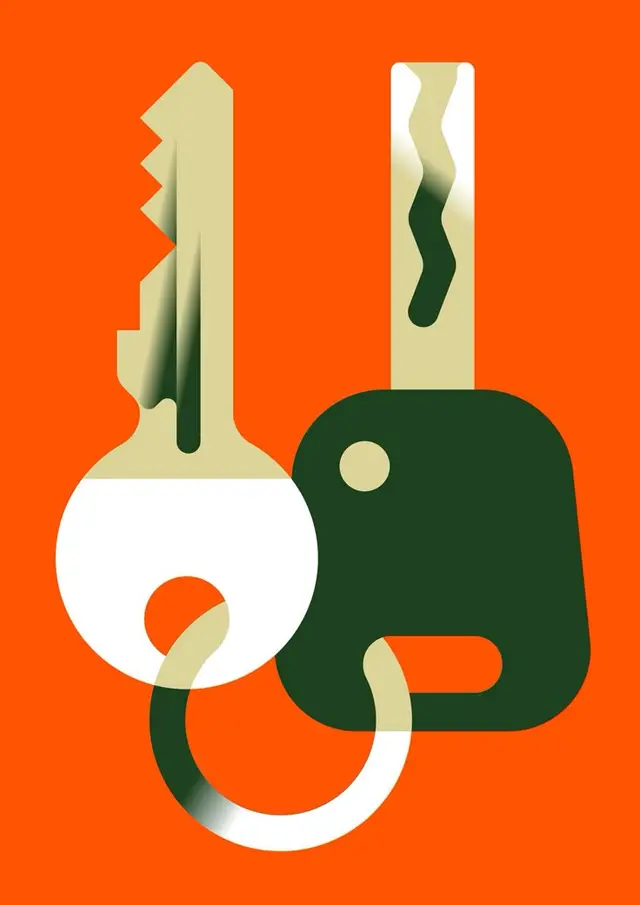 Minimalist Illustration — House Key and Car Key Fob on Orange