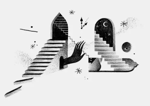 Monochrome surreal illustration of stairs, arches and hand