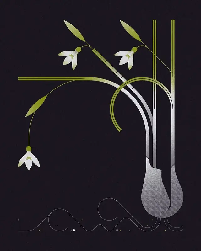 Minimalist Snowdrop Illustration with Silver Vase