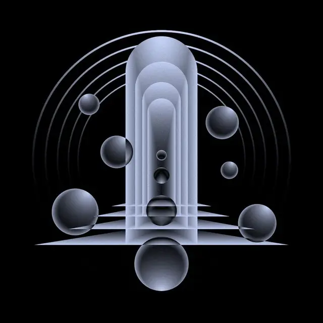 Monochrome Portal — Layered Arches with Floating Reflective Spheres