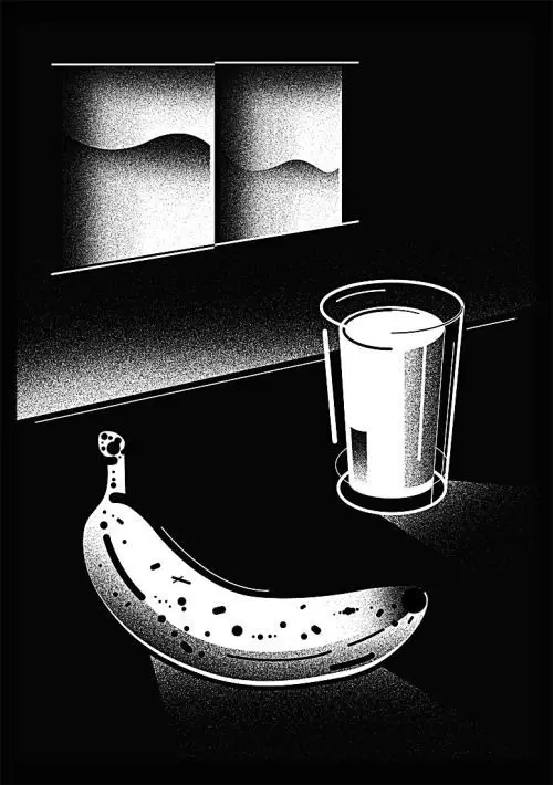Monochrome halftone still life — banana and glass of milk