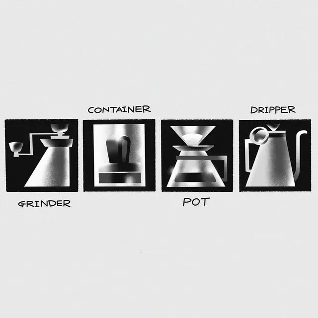 Monochrome Coffee Equipment Icon Set — Grinder, Container, Pot, Dripper