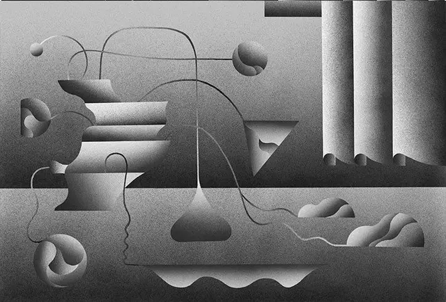 Grayscale Geometric Surreal Still Life with Hanging Flask