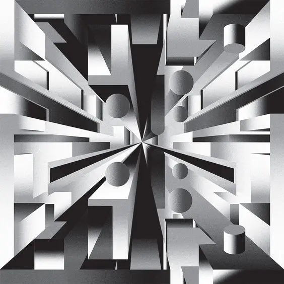 Monochrome Radial Geometry — Vanishing-Point Prism Composition