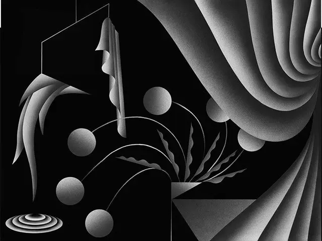 Monochrome Surreal Still Life with Draped Folds and Floating Spheres