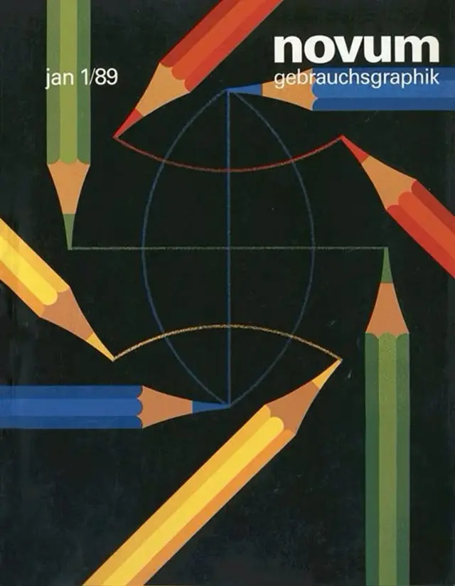 Novum Gebrauchsgraphik magazine cover (Jan 1/89) — colored pencils drawing geometric ellip