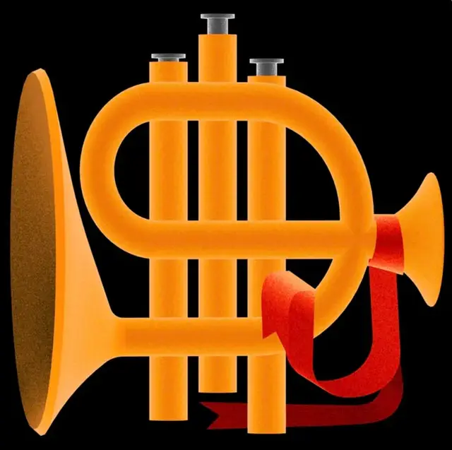 3D Orange Trumpet with Red Ribbon — Stylized Brass Instrument Illustration