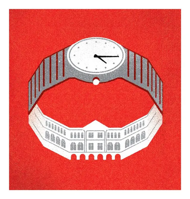 Watch Band Morphing into Classical Building — Red Graphic Poster