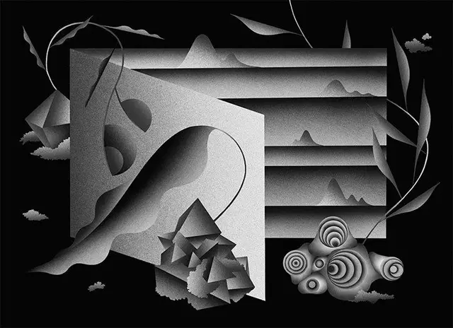 Grayscale paper-cut surreal landscape with spirals and vine