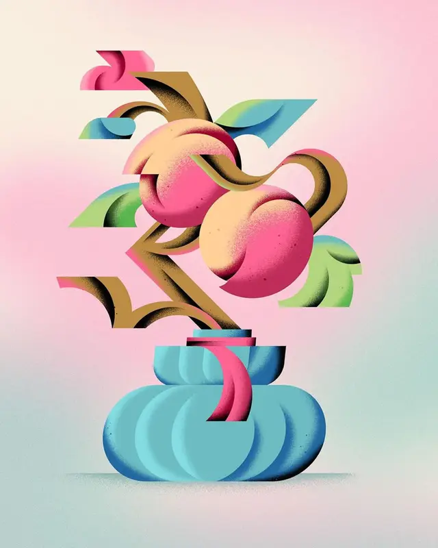 Stylized Peach Still Life in Blue Vase — Pastel Geometric Illustration
