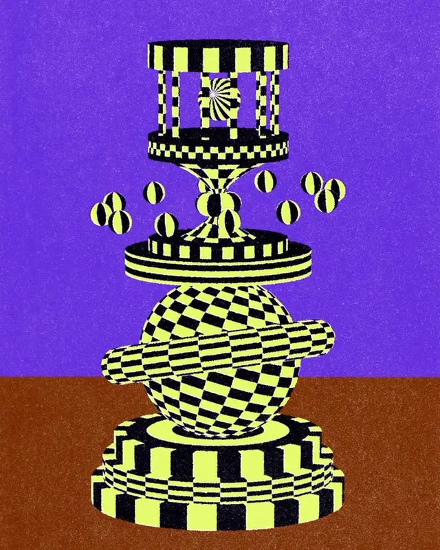 Neon Yellow–Black Checkerboard Stacked Sculpture on Purple Field