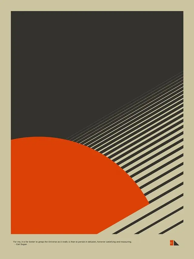 Minimalist Geometric Poster — Burnt Orange Semicircle & Diagonal Stripes (Carl Sagan Quote