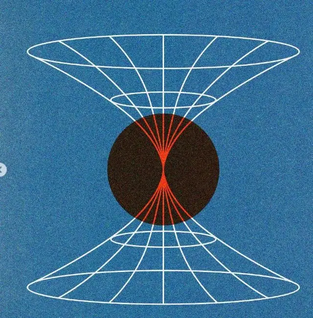 Retro wireframe wormhole illustration with black sphere