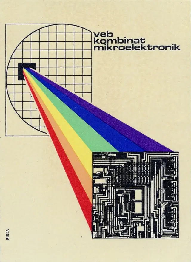 VEB Kombinat Mikroelektronik poster — rainbow beams to circuit pattern