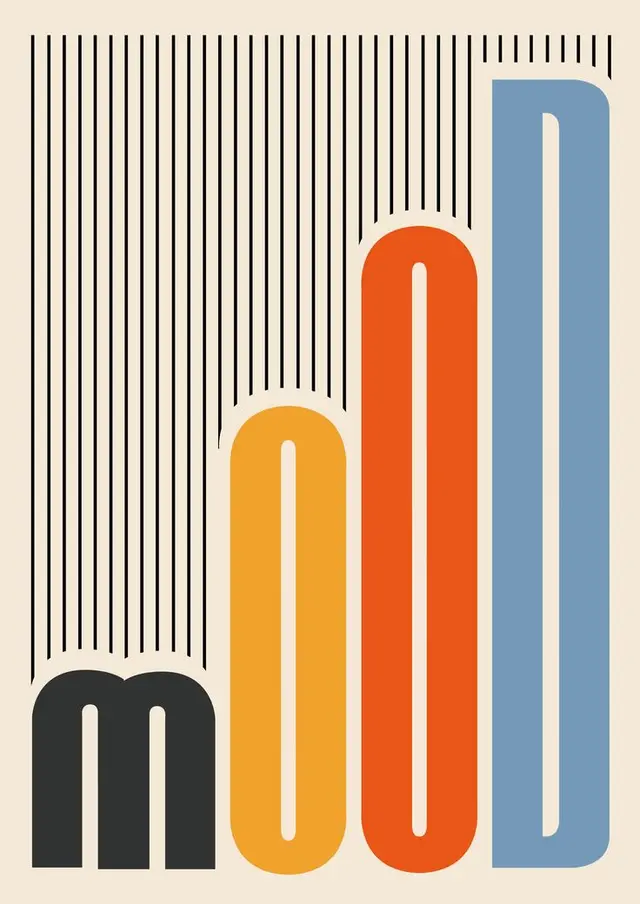 Retro 'mood' typographic poster — rounded color-block letters with vertical stripes