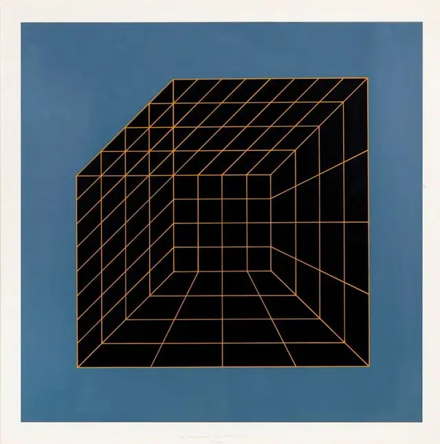 Op-art grid cube screenprint on blue field