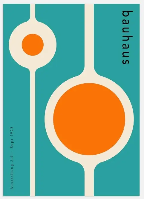 Bauhaus exhibition poster — teal background with orange circles