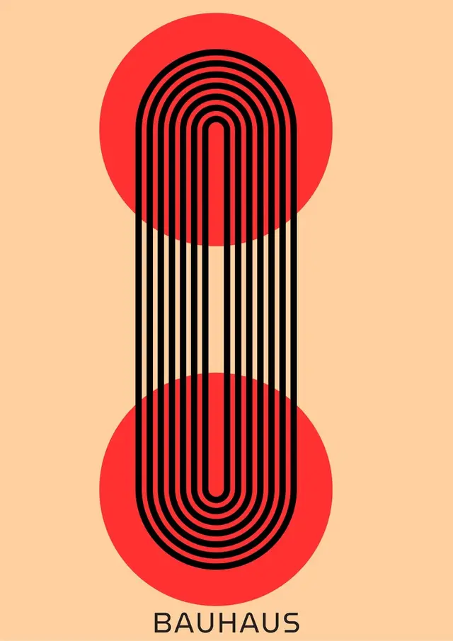 Bauhaus poster — red discs connected by parallel black rounded lines