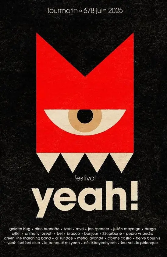 Yeah! festival poster — red geometric monster, Lourmarin juin 2025