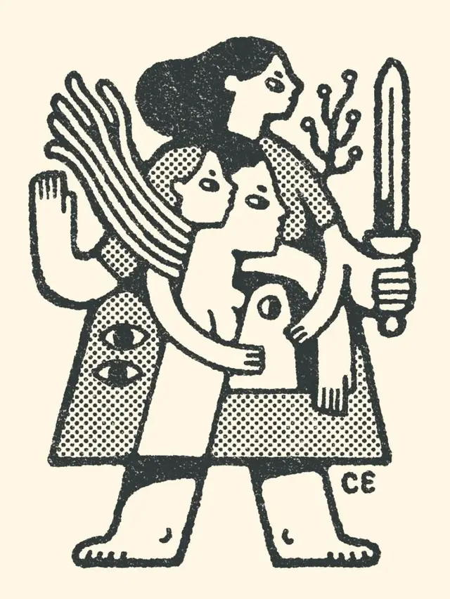 Linocut-style triple-figure holding sword and keyhole (signed CE)