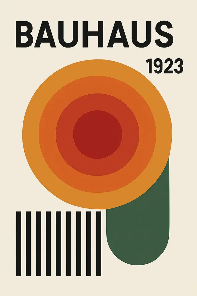 Bauhaus 1923 poster — concentric orange rings, green rounded tab