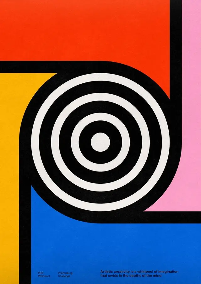 Geometric Whirlpool Poster with Concentric Rings and Color Blocks