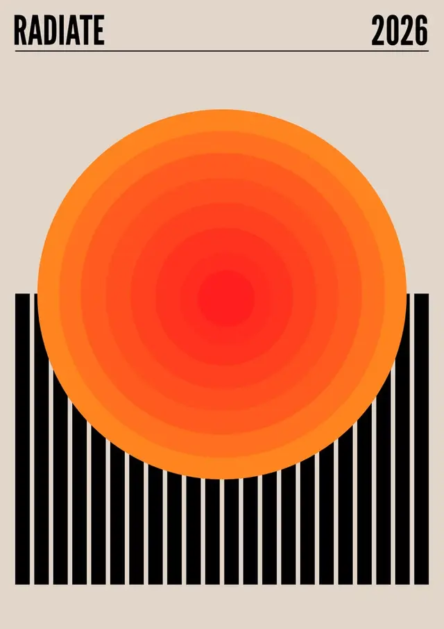 RADIATE — 2026 poster with concentric orange sun over black vertical bars