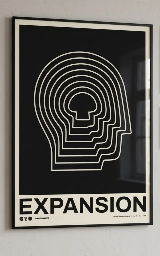 Black-and-white 'EXPANSION' poster with concentric head lines