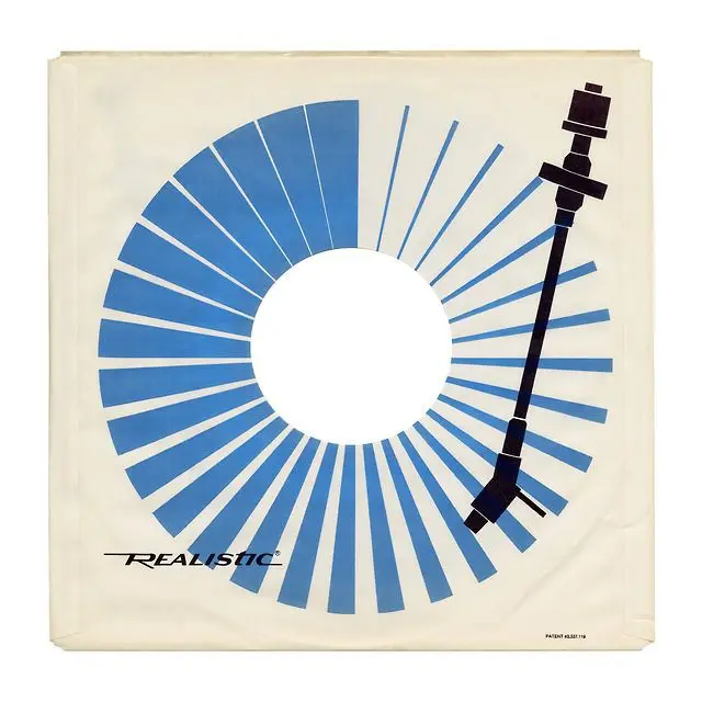 Realistic record sleeve with blue radial graphic and tonearm