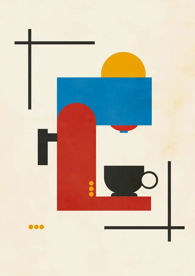 Geometric Espresso Machine Poster — Mid‑Century Modern Coffee Illustration