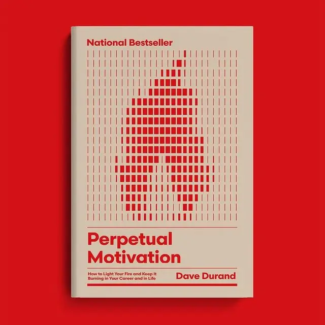 Perpetual Motivation — beige book cover with red pixel flame