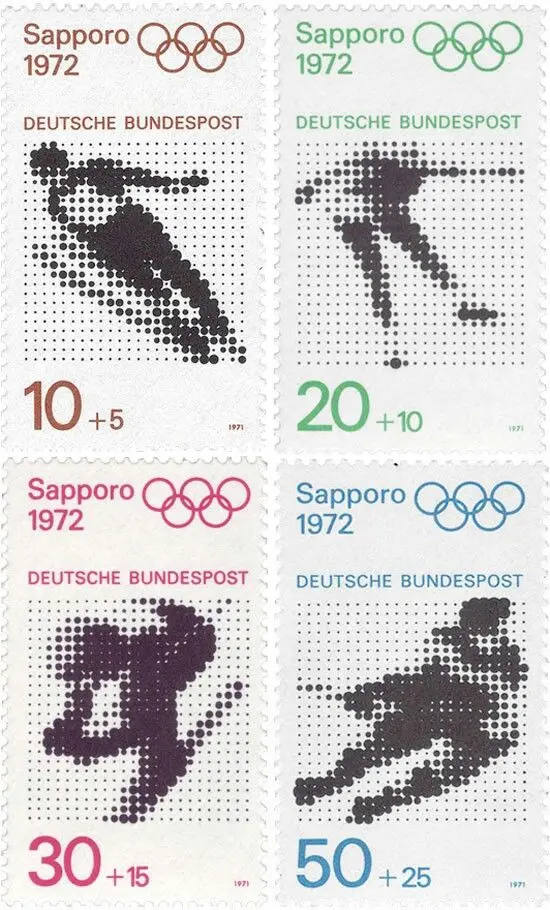 Set of four 1972 Sapporo Olympic postage stamps — Deutsche Bundespost, dot‑halftone winter