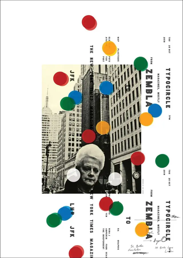 Typographic collage poster with black-and-white New York photo and colorful dots