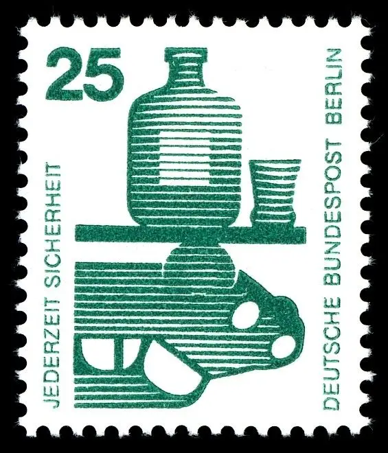 Vintage Deutsche Bundespost Berlin stamp — green 25 with bottle, cup and striped mask