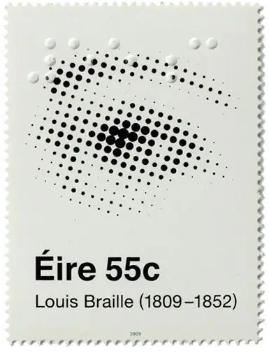 Éire 55c Louis Braille commemorative stamp with halftone eye and embossed Braille dots