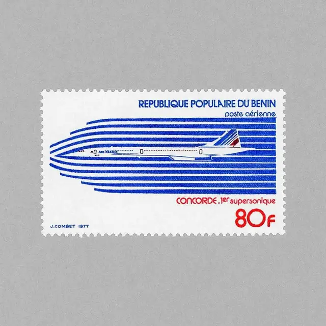 1977 Benin postage stamp featuring Air France Concorde, 80F
