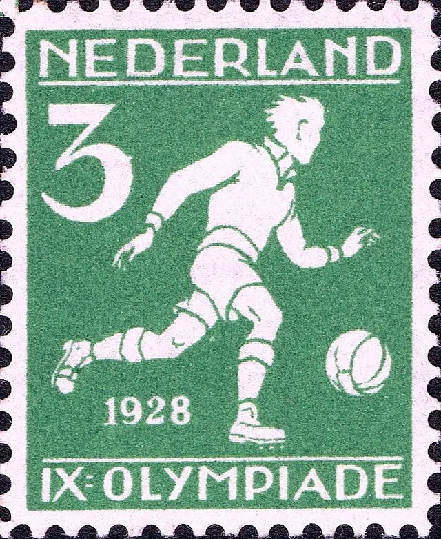 Netherlands 1928 IX Olympiade green football postage stamp (denom. 3)