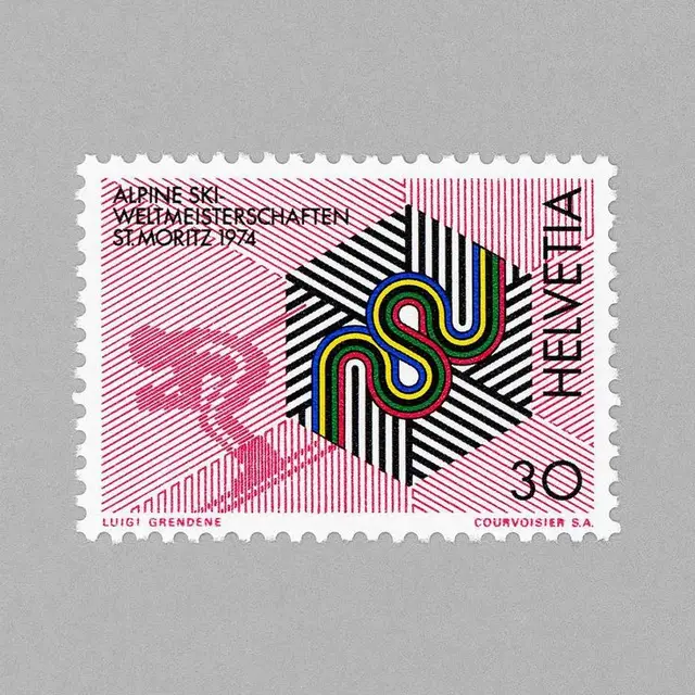 1974 Swiss 'HELVETIA' Alpine Ski World Championships postage stamp — St. Moritz