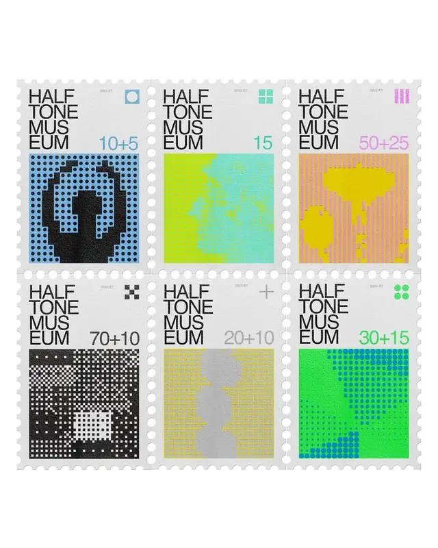Halftone Museum — sheet of six perforated stamp designs