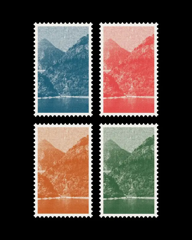 Four Halftone Mountain Postage Stamps (2x2) on Black